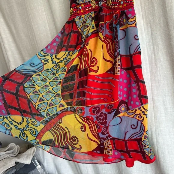 Sue Wong vintage VTG 100% silk flowy halter top Y2K beaded dress bright colors - Picture 10 of 13